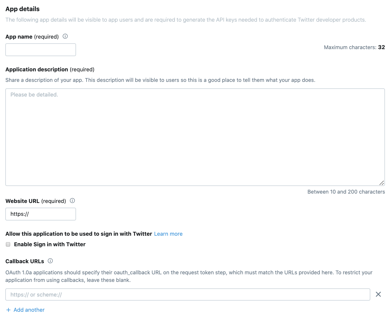 Screenshot of Twitter application creation screen